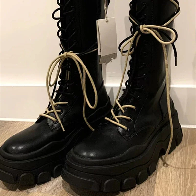 Women Knee High Motorcycle Boots Punk Platform Shoes 2024 Winter New Trend Chelsea Boots Snow Lace Up Motorcycle Botas Ladies