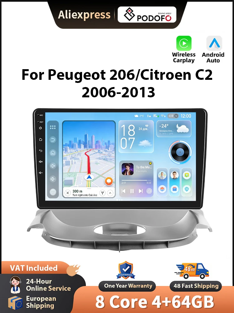 Podofo autoradio voor Peugeot 206 2004-2008/Citroen C2 2006-2013 met draadloze CarPlay, Android Auto, GPS, FM, WiFi, BT en multimedia stereo. - afbeelding 2