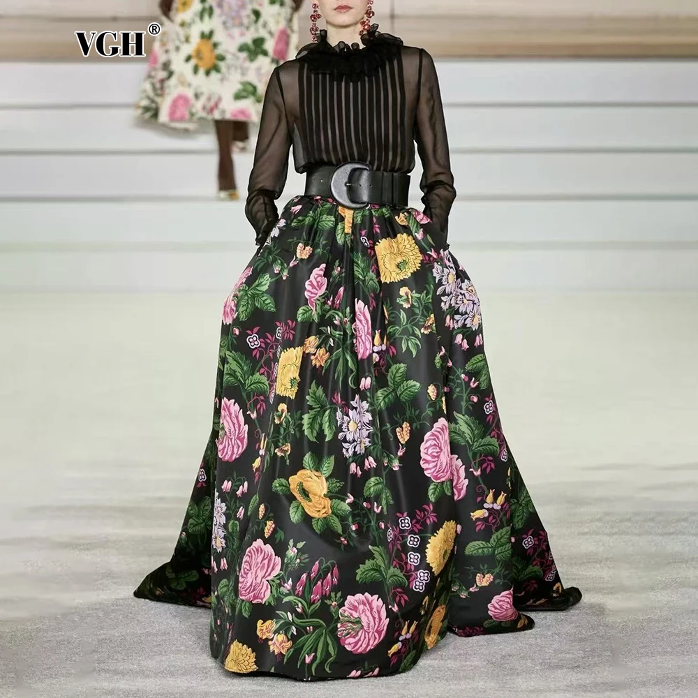 

VGH Elegant Retro Black Midi Chiffon Dresses for Women Ruffles Collar Puff Sleeve Floral Print Flared Skirt for Romantic Dates