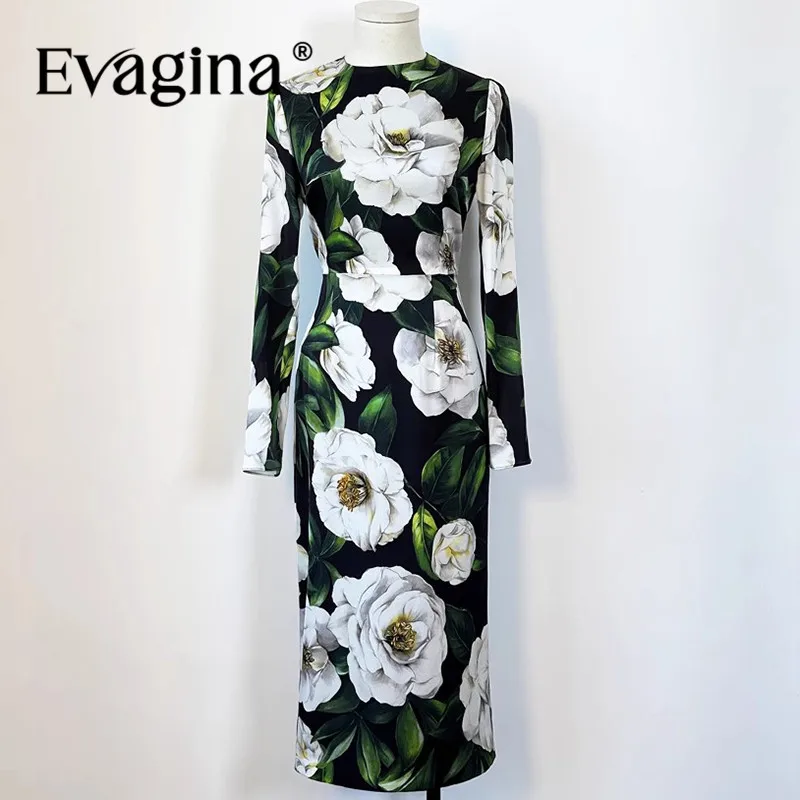 

Evagina Fashion design Women's Summer Dress Long-Sleeved High waist Slim-Fit Hip Wrap Print Silk Straight Dresses