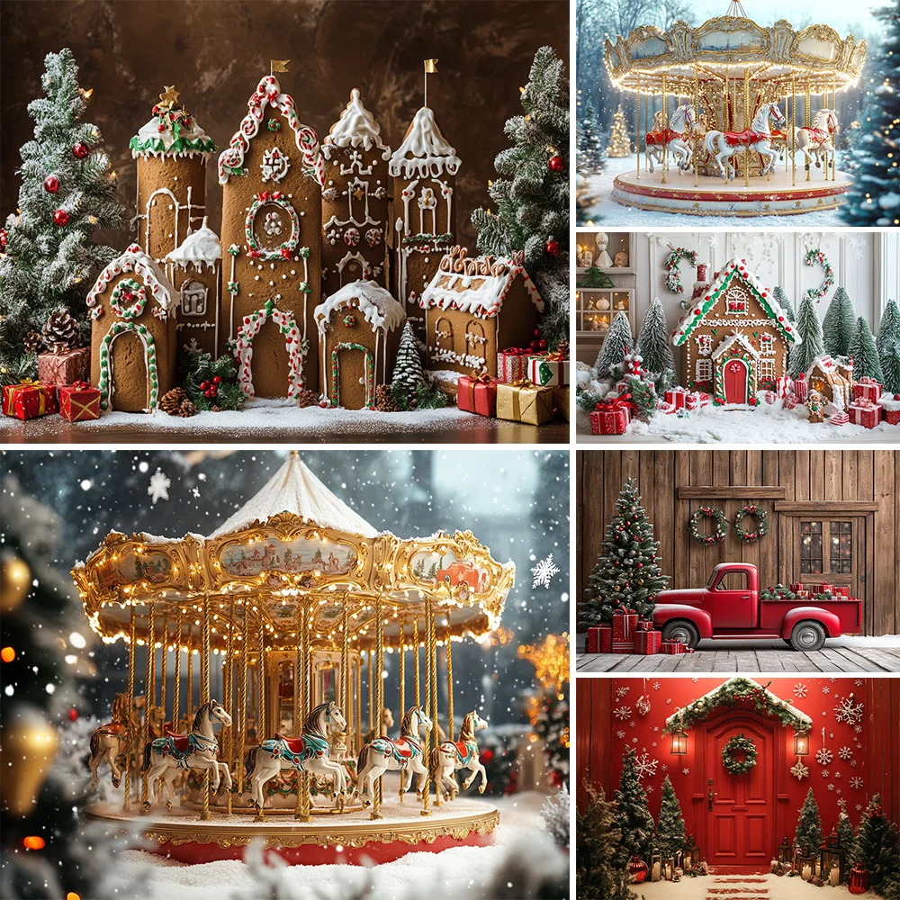 

Circus Christmas Photography Background Carousel Xmas Tree Holiday Decoration Kids Holiday Portrait Photo Backdrops Studio Props