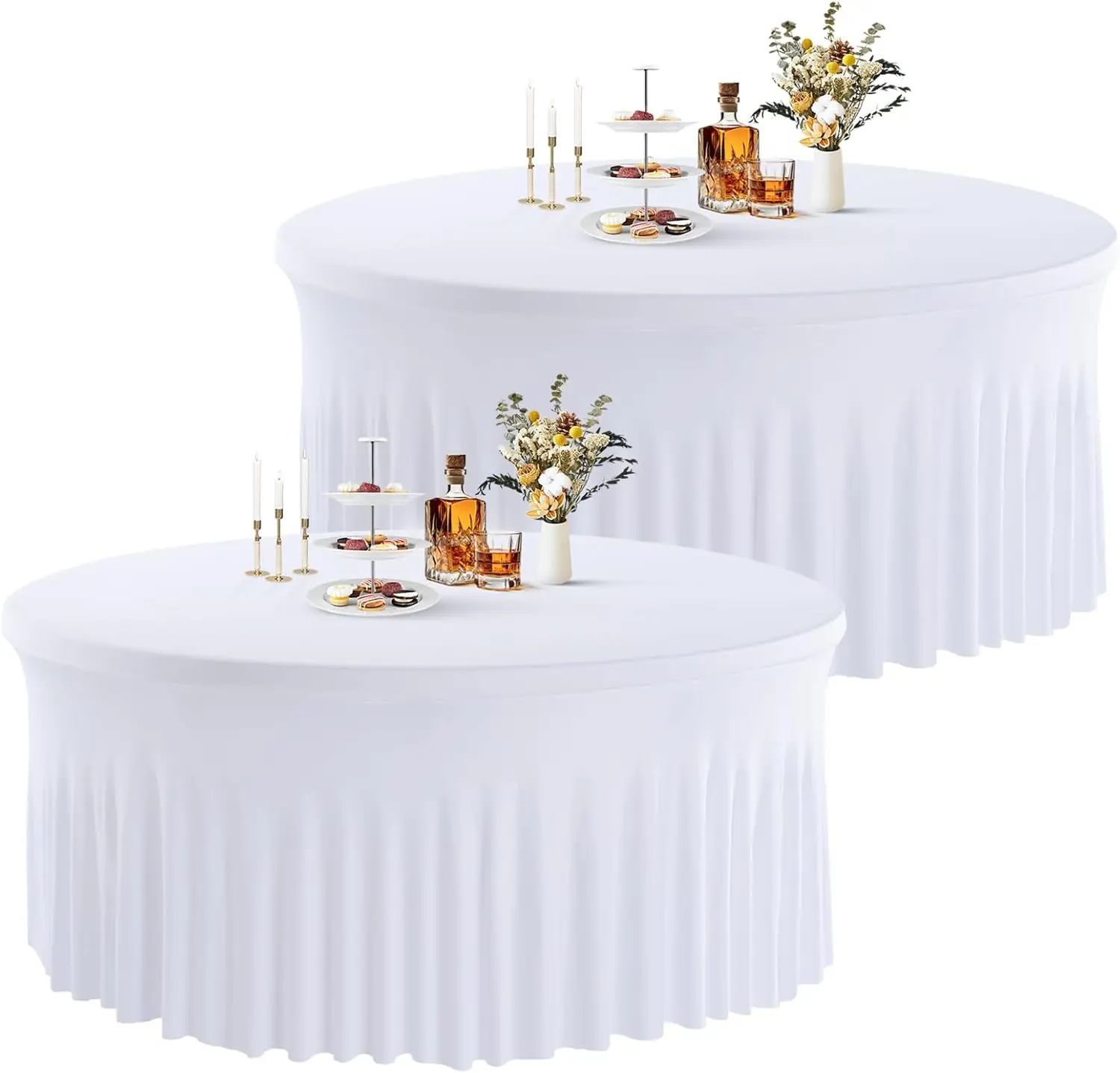 

White Round Spandex Tablecloth,Wrinkle Free Stretchy Fitted Round Table Cover with Skirt for Wedding Party Dining Banquet Events