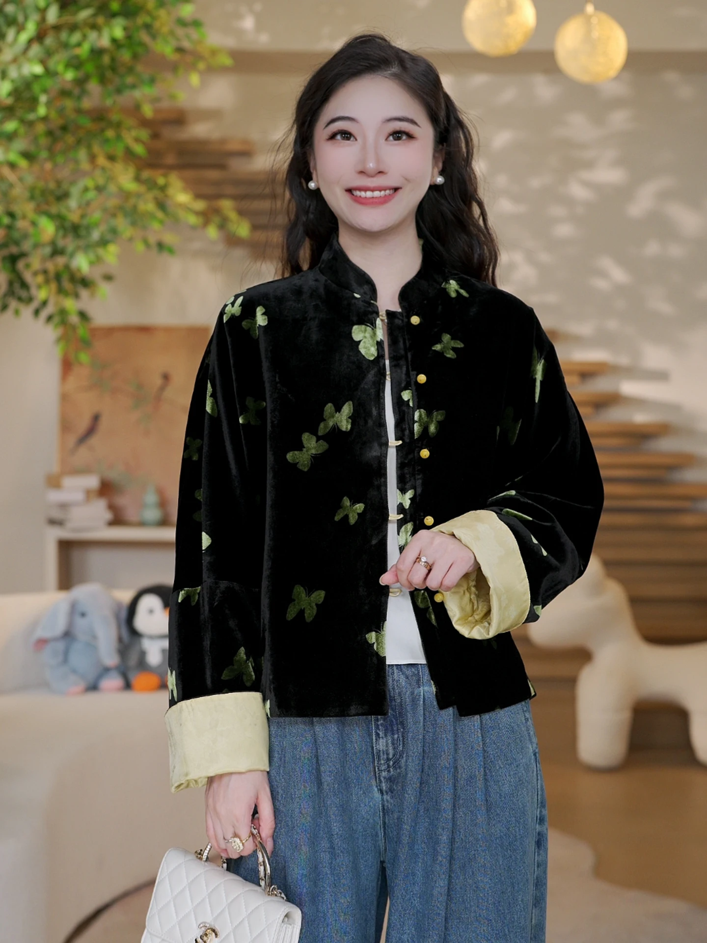 

Шелковая куртка Jinfen ijia из натурального шелкового бархата в китайском стиле, модная, антивозрастная, с узором, воротником-стойкой, размер L