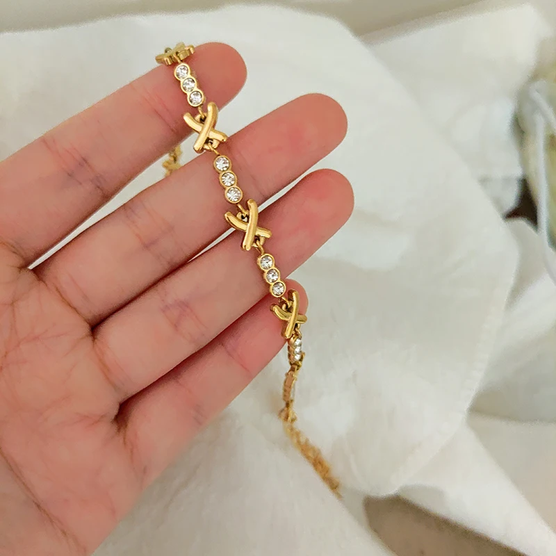 X shape cz stone chain bracelet stainless steel bracelet for women simple dainty jewelry elegant tarnish free jewelry waterproof