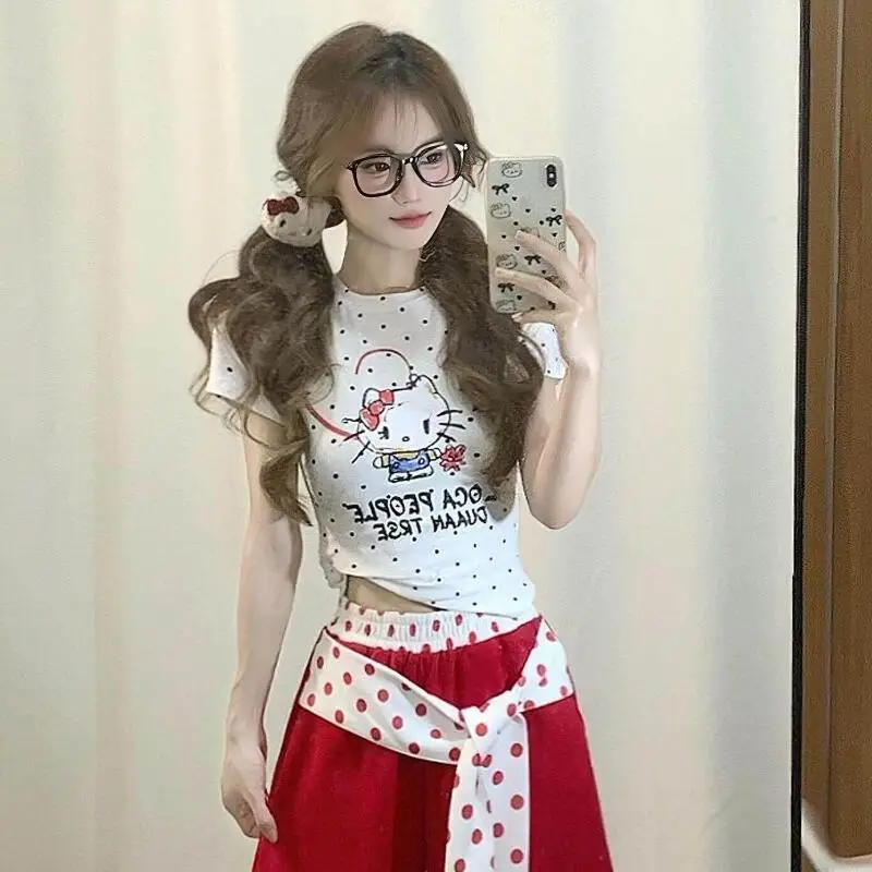 Hello Kitty 2026 Short-Sleeved Summer Women's New Sweet Cool Cartoon Round Neck T-Shirt Printed Polka Dot Tops Versatile Cute