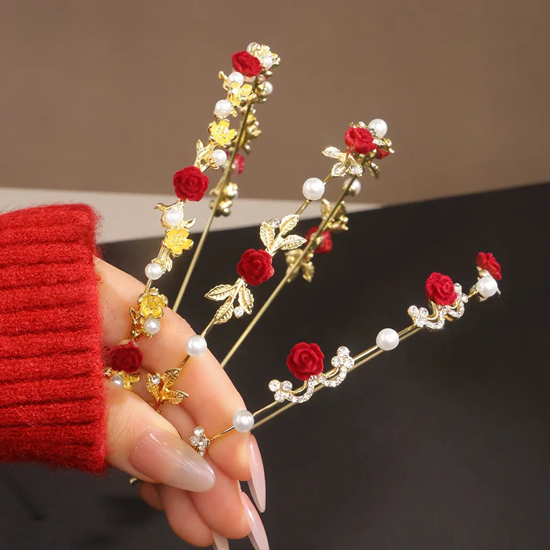 Light luxury rose pressure hair headband fairy beauty pearl flower thin headband flocked cheongsam bridal headdress