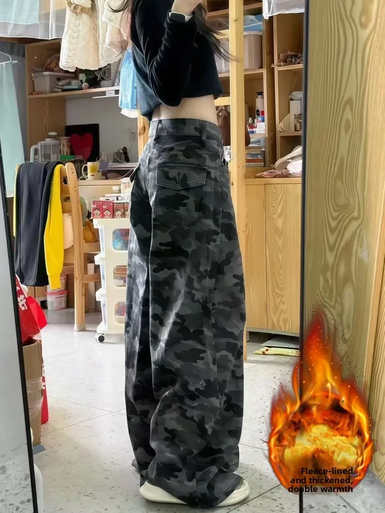 plus Size American Sle Fce Lined Thiened Camouflage Denim Pants Women's Autumn Winter High Waist Loose Straight Workwe...