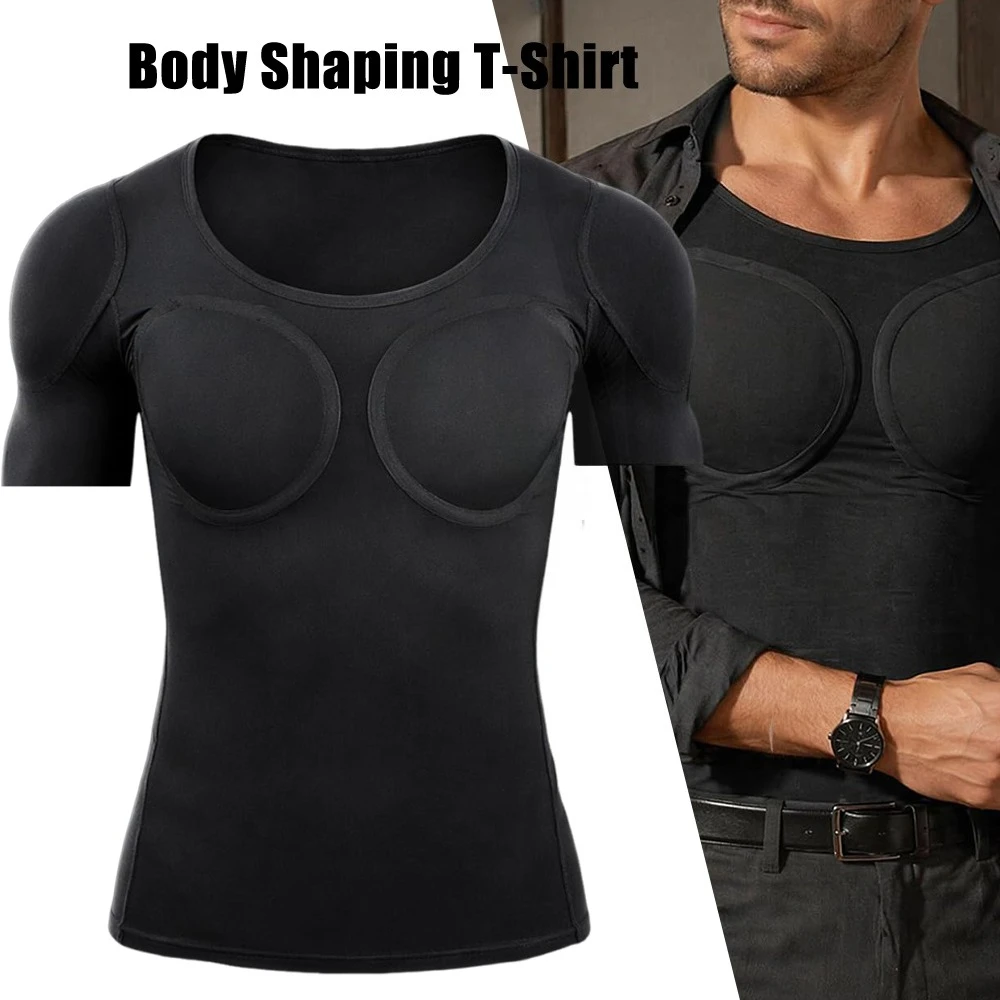 Mens Slim Fake Muscle Gain Short Sleeve T Shirt Invisible Padded Fake Chest Abs Undershirt Body Shaper Top For Cosplay Costume