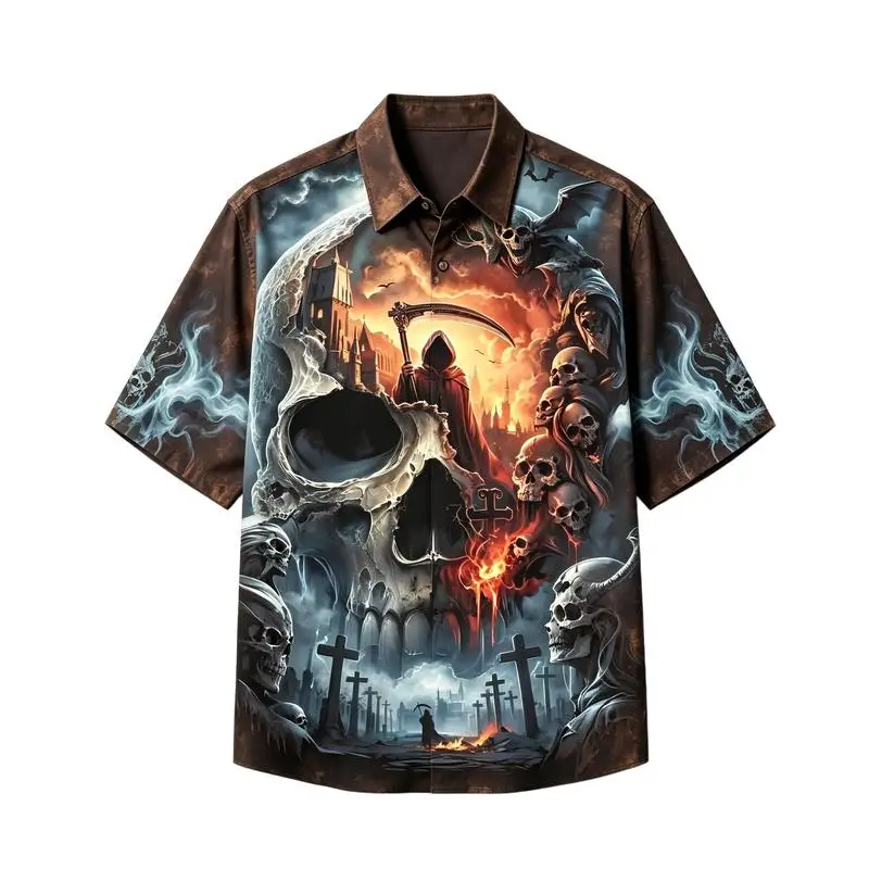 Men's Grim Reaper Skull 3D Print Hawaiian Shirt,5 Colors Short Sleeve Button Up Halloween Gothic Tops