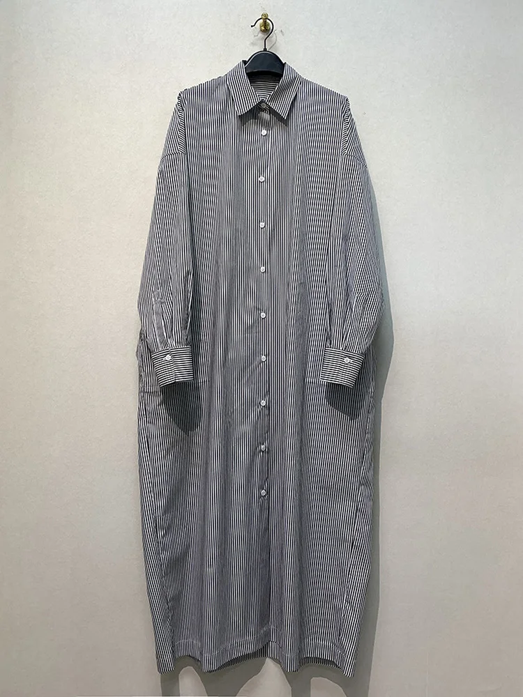 DEAT-Robe chemise à rayures pour femmes, à revers, simple boutonnage, en coton, longueur de rinçage, nouvelle collection été 2024, 7AB4452