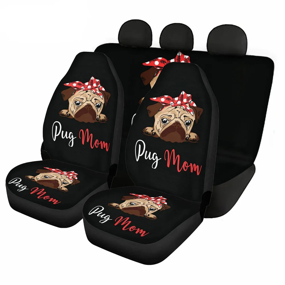 Cute Pug Print Slip-Resistant Front And Back Car Seat Covers Full Set Auto Interior Decor Universal Car Seat Cushion Protector