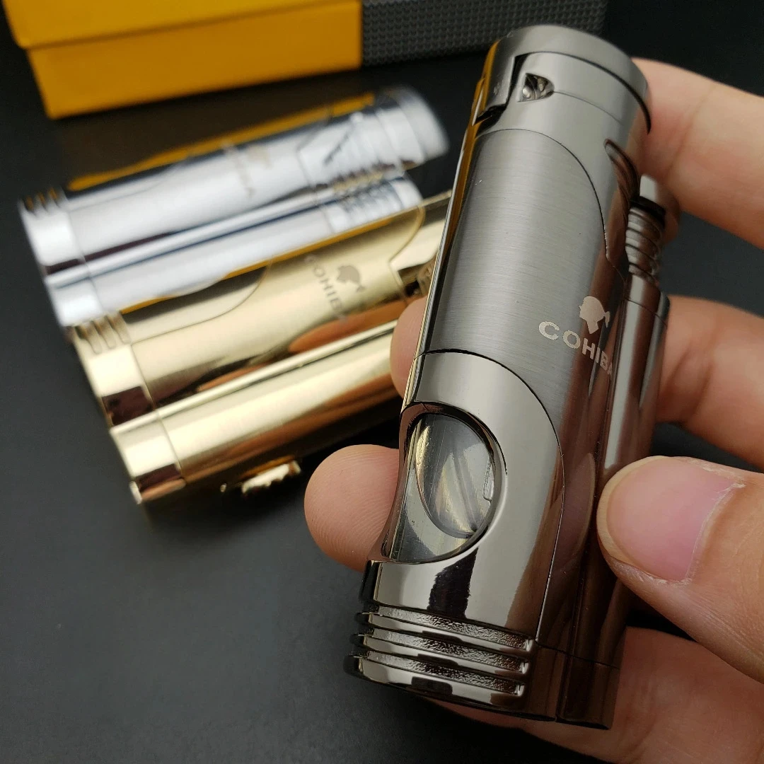 COHIBA Cigar Specific Double Direct Spray Inflatable Lighter With Cigar Scissors Metal Windproof Lighter High-End Gift