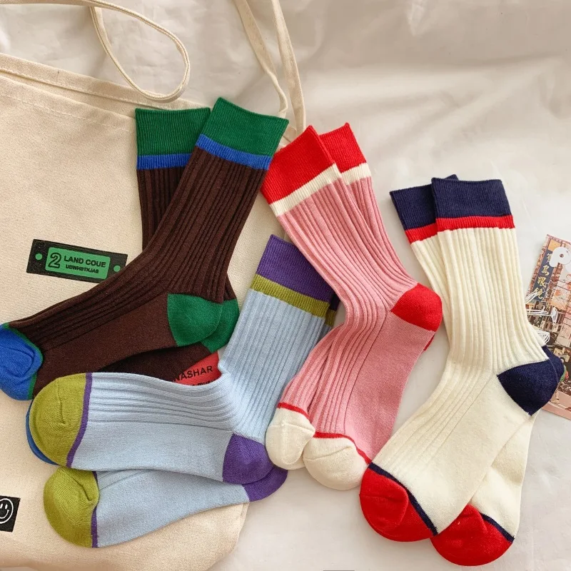 Online Celebrity Color-matched Mid-calf Socks, Trendy Brand, Retro Style, Pink Color, Lightweight Luxury Cotton Socks for Girls