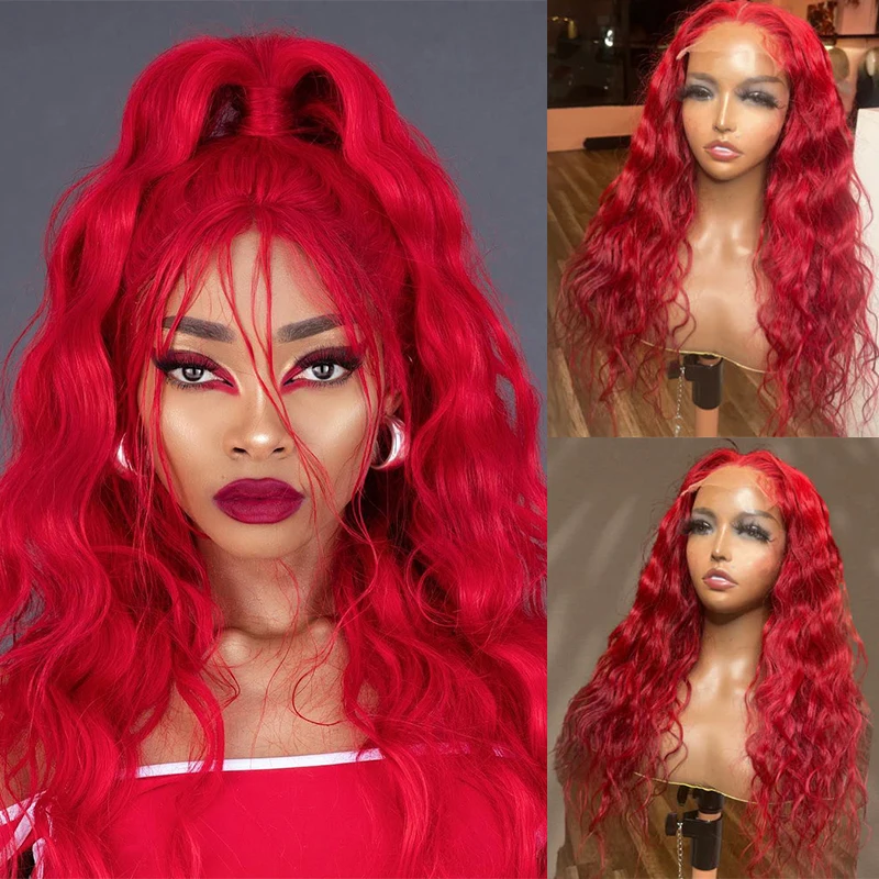 Bright Red Synthetic Lace Front Wig Water Wave Heat Resistant Fiber Pre Plucked Fire Fashion Red Hair Medical Wigs for Women