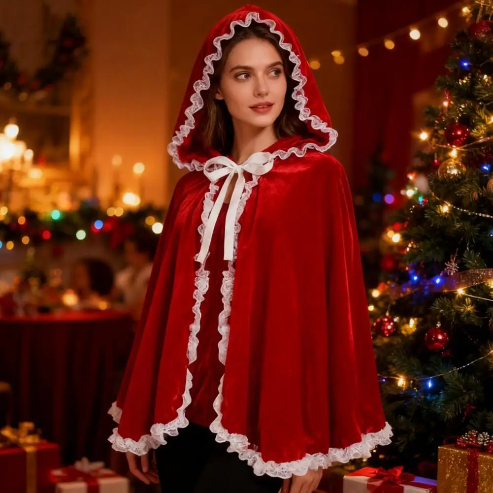 Velvet Wizard Witch Cape Christmas Red Cloak Lace Edge Hooded Short Cloak Cosplay Performance Hood Cape Medieval Costume 80%