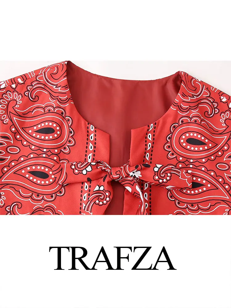 TRAFZA 2024 Summer Women Fashion Vest Print O Neck Cardigan Tops Female Wild Chic Bow Lace Up Streerwear Women\'s Waistcoat Top