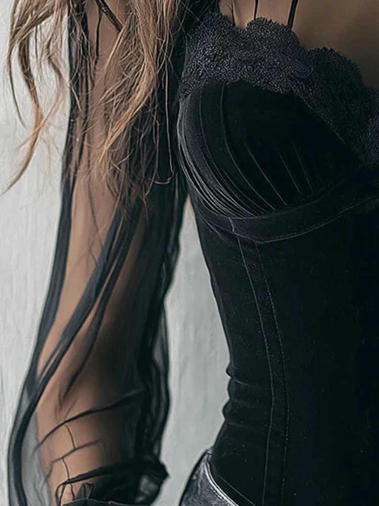 

Black Women Mesh Blouse Top Elegant High Neck Lace See Through Long Sleeve Velvet Corset Top Fashion Gothic Punk Blouses