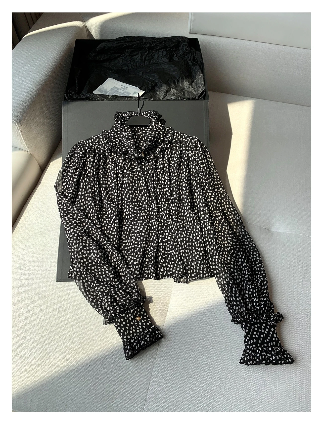 

Black Chl0e Wave Dot Korean Women's Long Sleeve Chiffon Top by CHYOU Commute Style Straight Cut Spring 2026 Fashion Trend