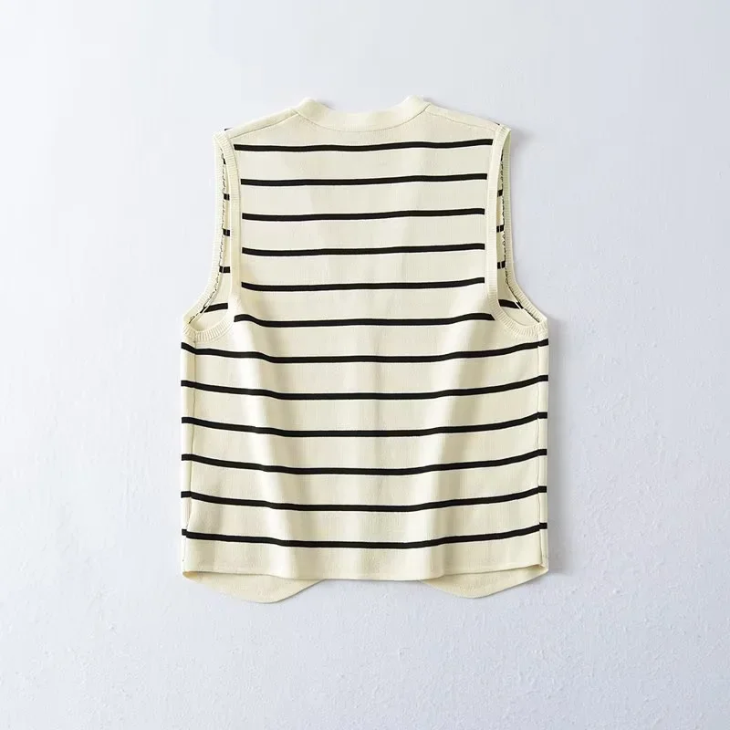 TRAF Stripe Vests For Women Crop White Knit Vest Woman Summer V Neck Sleeveless Knitted Vests Preppy Short Sweaters Vest Top