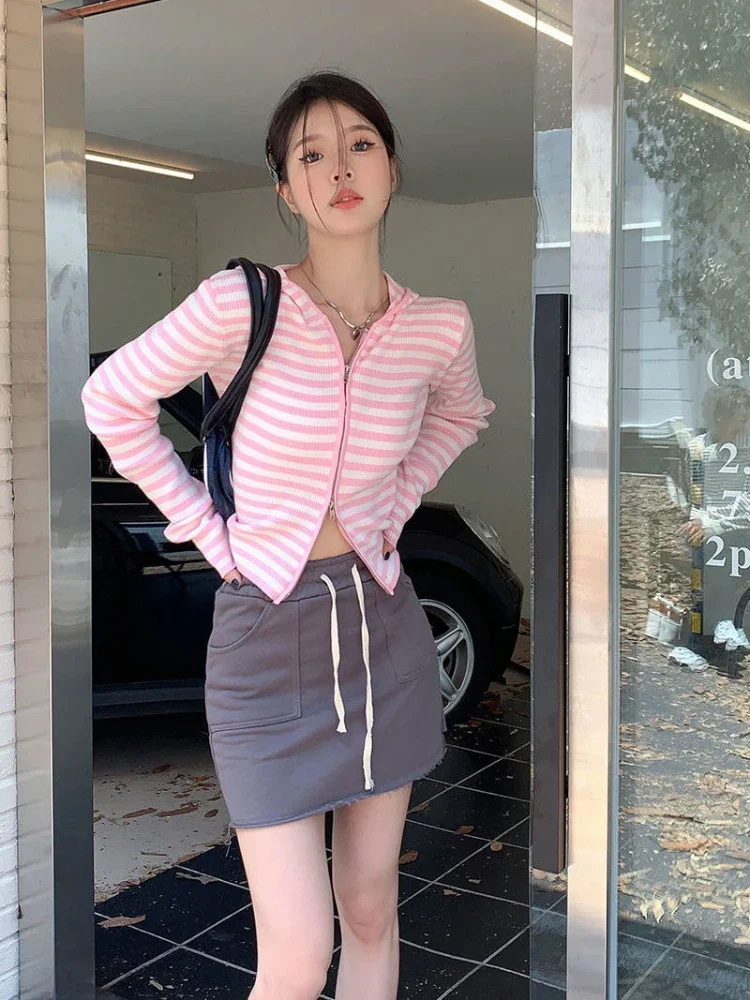 2024 Pink Striped Vintage Y2k Aesthetic Women Cardigan Japanese Knitted Sweater Crop Coat Female Hooded Double Zipper Kardigany