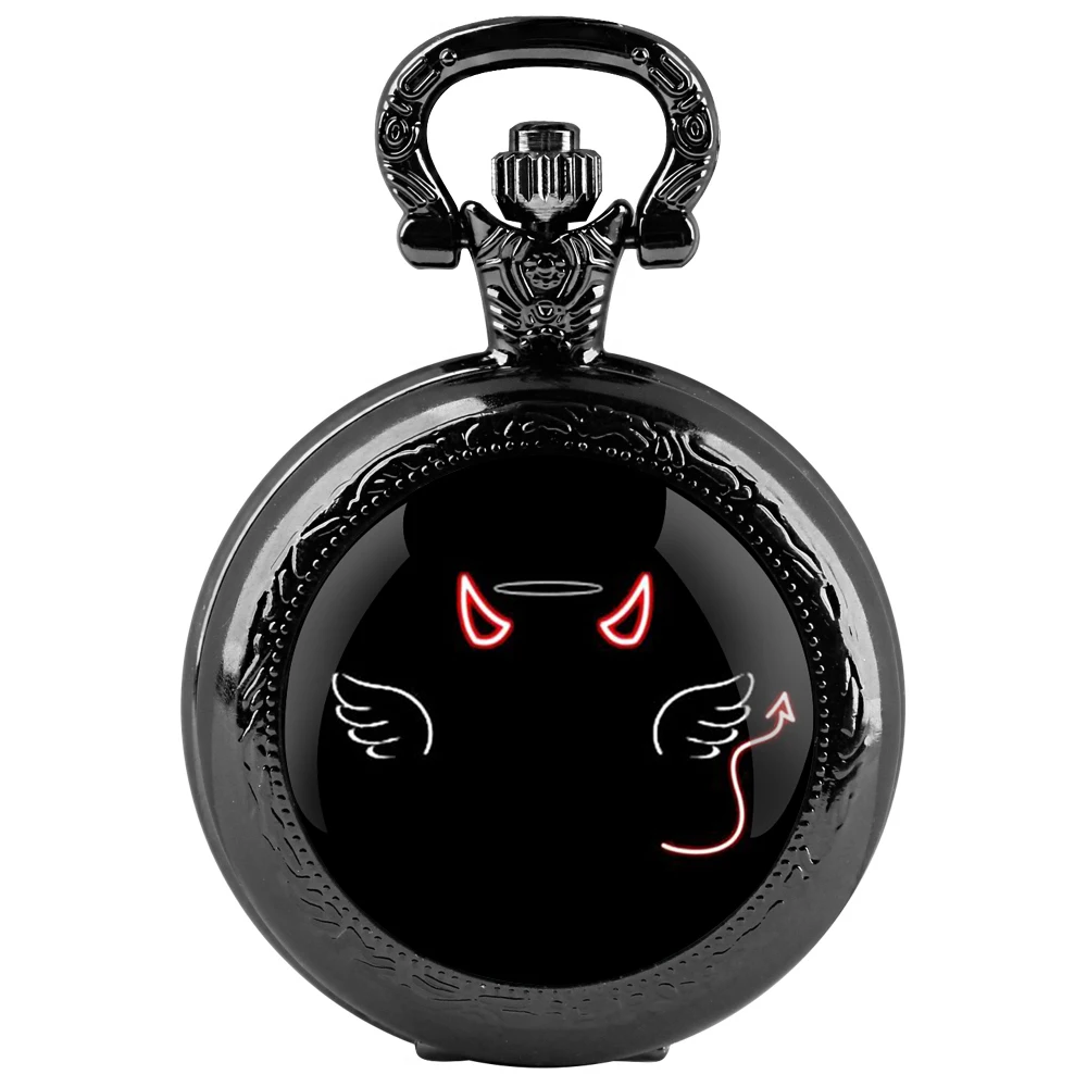 ساعة جيب كوارتز سوداء على شكل قبة زجاجية من Devil Angel مع قرص أرقام عربية وسلسلة متينة هدية للرجال والنساء