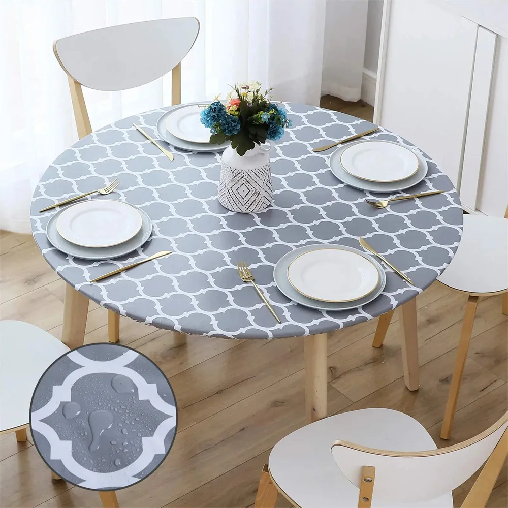 

Olanly Round Tablecloth Flannel Backed Vinyl Table Cloth Waterproof Elastic Table Cover For Party Decoration Picnic Camping