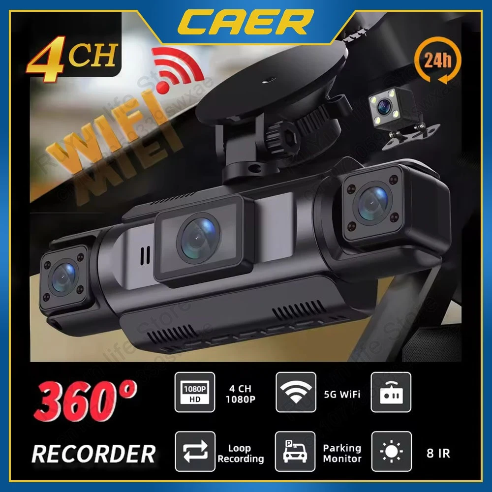 

4 Channel WiFi Dash Cam with 32GB Card 1080P Dash Camera 3-in IPS Screen Dashcam with 360° Surveillance APP Control 24H Parking