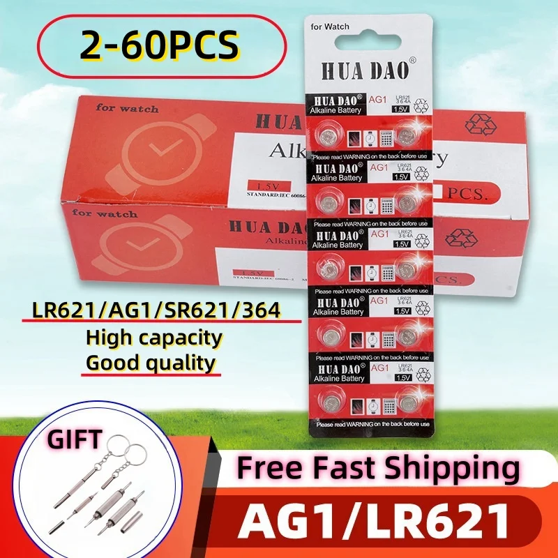 

High Capacity 2PCS-60PCS AG1 Watch Batteries 364A LR60 SR60 LR621 SR621 SR621SW 364 164 CX60 l 1.5V Alkaline Button Cel1pcs gift