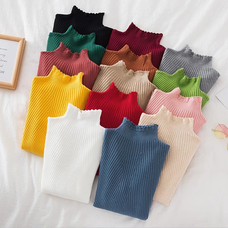 Women Fall Warm Sweater Mock Neck Ruffles Long Sleeve Knit Simple Pullovers Slim Solid Rib Casual Sweater Winter Base Shirt TRAF