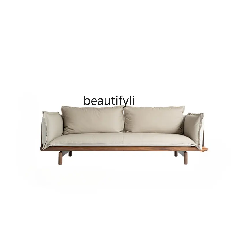 

Sofa Black Walnut Solid-Wood Leather Sofa Italian Style Light Luxury Living Room Winter and Summer Dual-Use Furniture