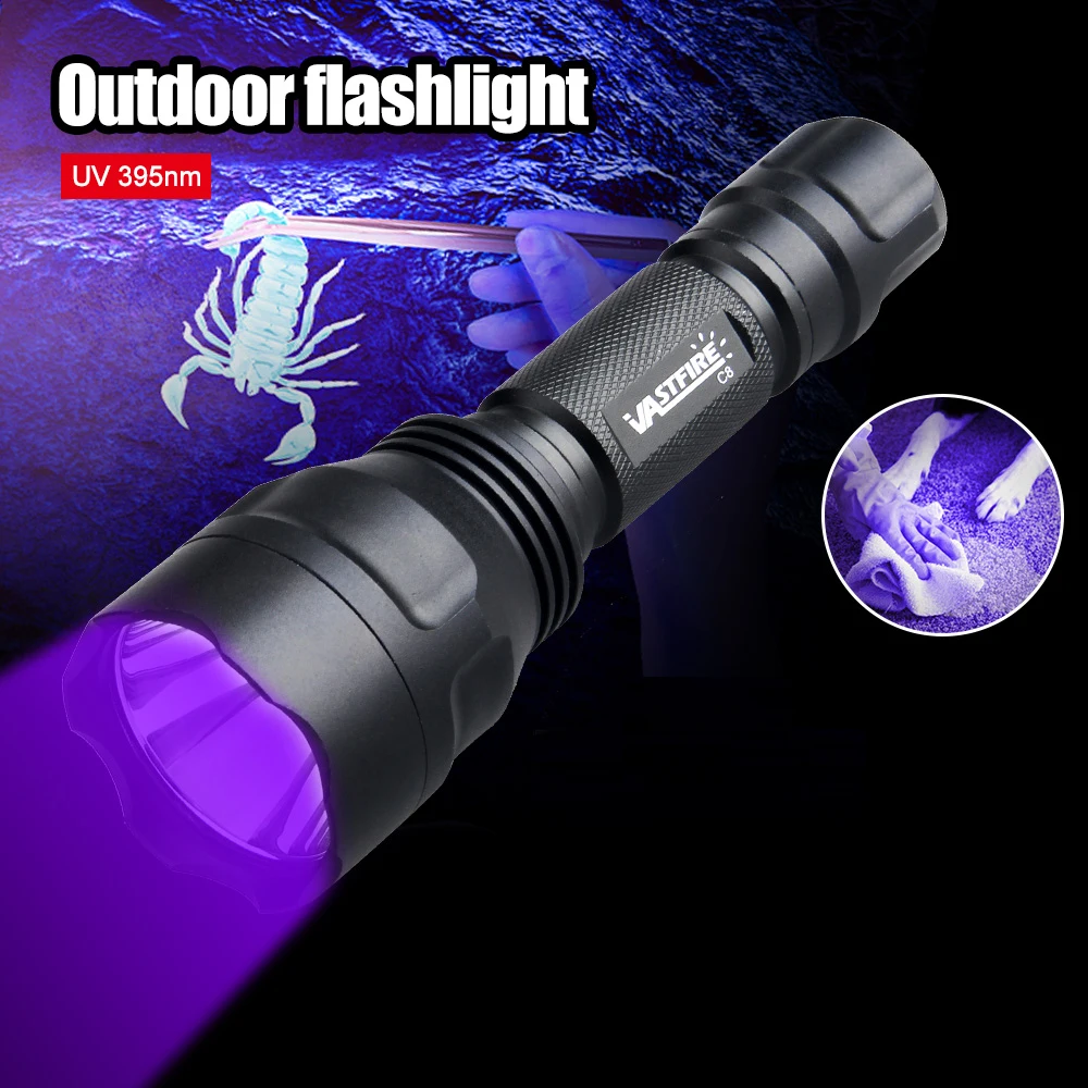 C8 150 Yards UV 395NM LED Tactical Hunting Flashlight Ultraviolet Rifle Gun Light+Switch+20mm Rail Barrel Mount+18650+Charger