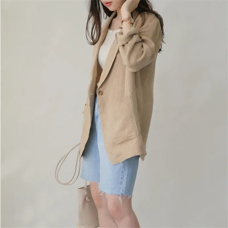 Khaki Women Blazers Single Button Solid Colors Long Sleeve Suits 2024 Spring Autumn Office Lady Plus Size Chic Elegant Blazer