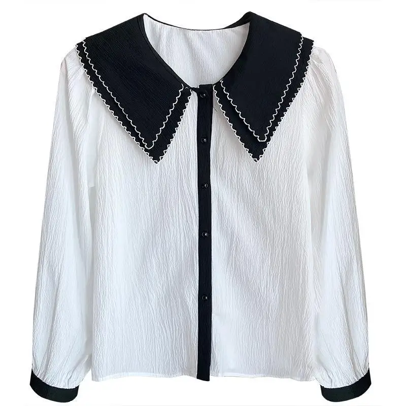 Elegant White Patchwork Women Shirts Vintage 2022 Ladies Kawaii Korean Chic Puff Sleeve Blouse Harajuku Clothes Office Lady Tops