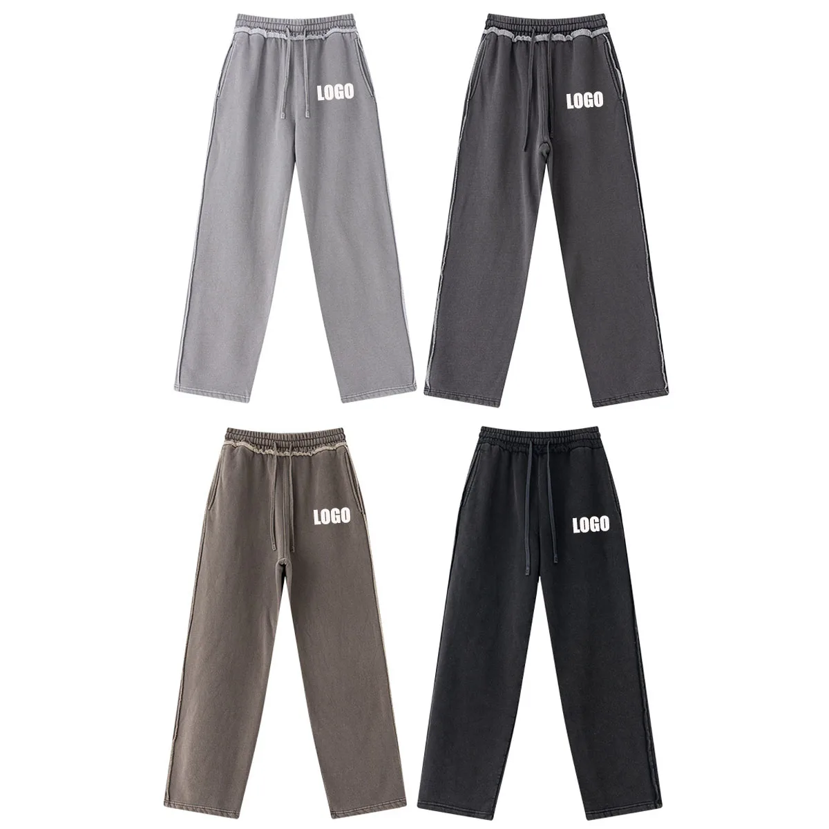 

Customized LOGO men's autumn and winter new 400G heavy cotton polyester retro old loose edge washed velvet straight trousers