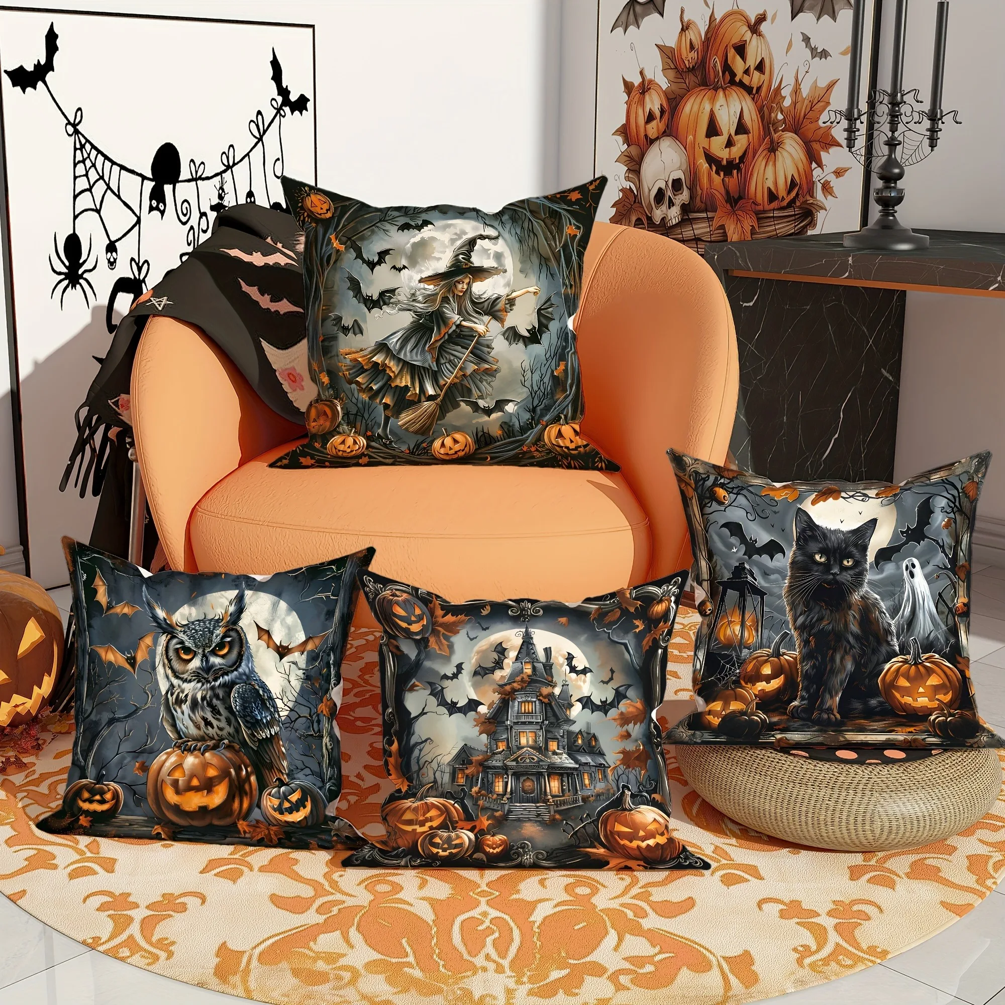 Halloween Themed Pillowcases: Witch, Owl, Black Cat & Haunted House Designs for Spooky Decor Sofa cushion cover
