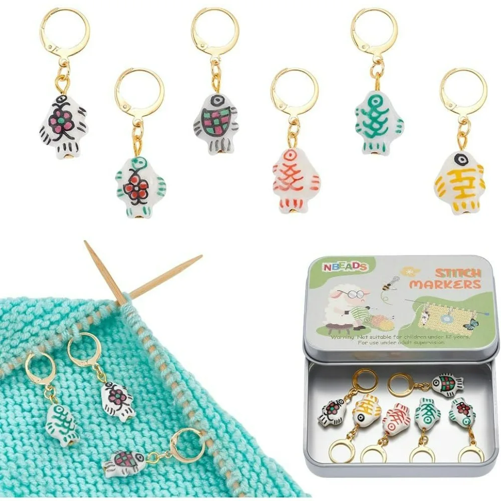 

6 Pcs Fish Porcelain Pendant Stitch Markers 1.46inch Clasp Clip Knitting Charms Removable Locking Stitch Charm for Knitting