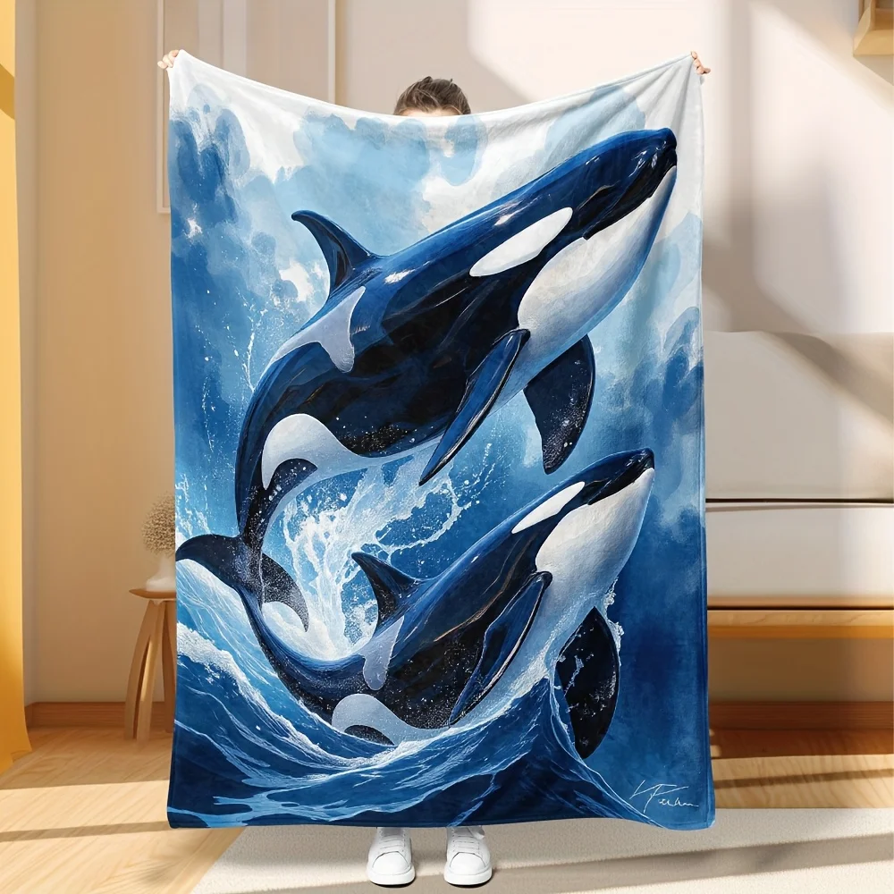 Ultimate Luxury Whale Ocean Art Throw Blanket Blue Marine Life Deep Sea Pattern Giant Fleece Cozy Bed Throw Decor 150x200cm