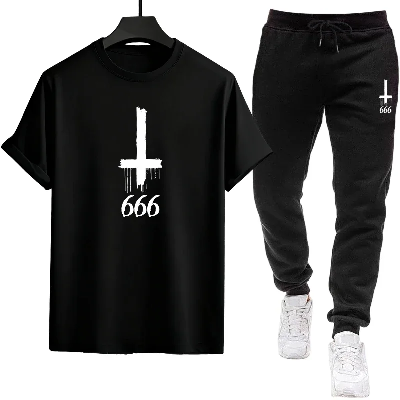 Satan 666 Inverted Cross Mens Tracksuit t-shirt + sweatpants Urban Casual Fashion Outfit Spring Summer Home Outdoor Comfort Set