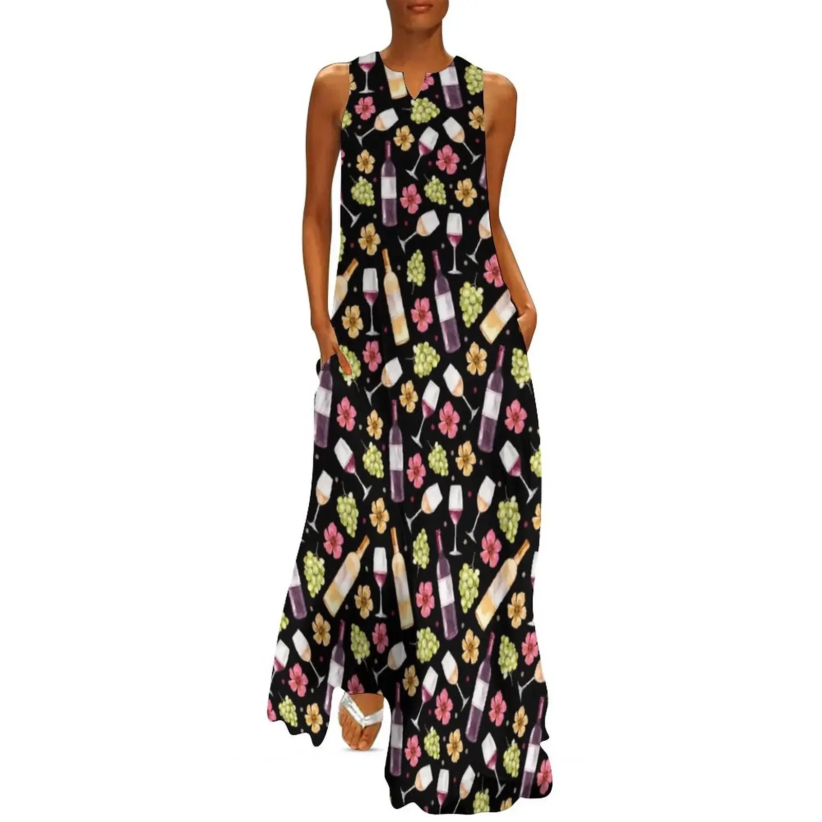 

Red and White Wine Bottles Grapes and Watercolor Flowers on Black Long Dress Women's summer dresses Dress