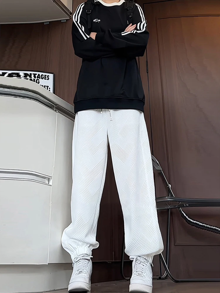 

Белые спортивные брюки с текстурой, мужские, прямого кроя, с высокой талией, осенние, для подростков, с манжетами на молнии, в американском повседневном стиле
