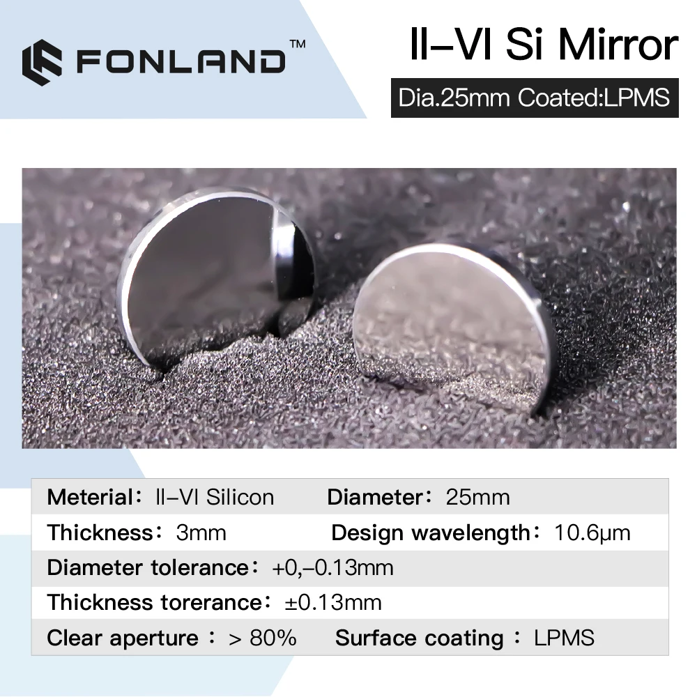 FONLAND Original II-VI Si Mirror Dia.20/25/30mm Thk.3mm 10.6um LPMS Coating for CO2 Laser Engraving Cutting Machine