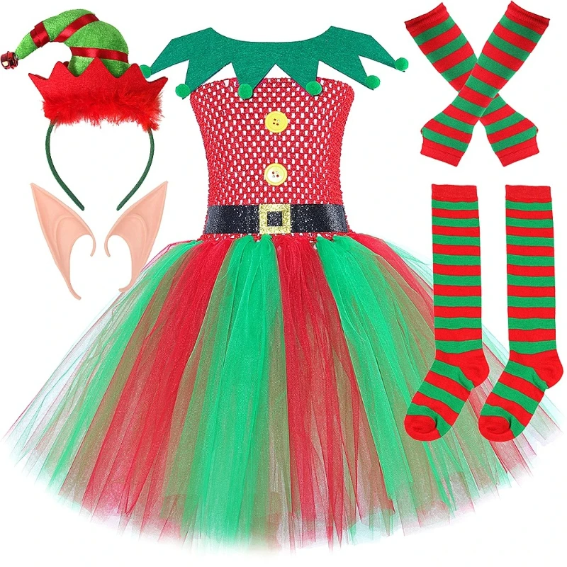 Costume d'elfe pour filles, robe Tutu de noël, rouge, vert, robe de princesse en Tulle, tenue de fête Festive pour enfants en bas âge