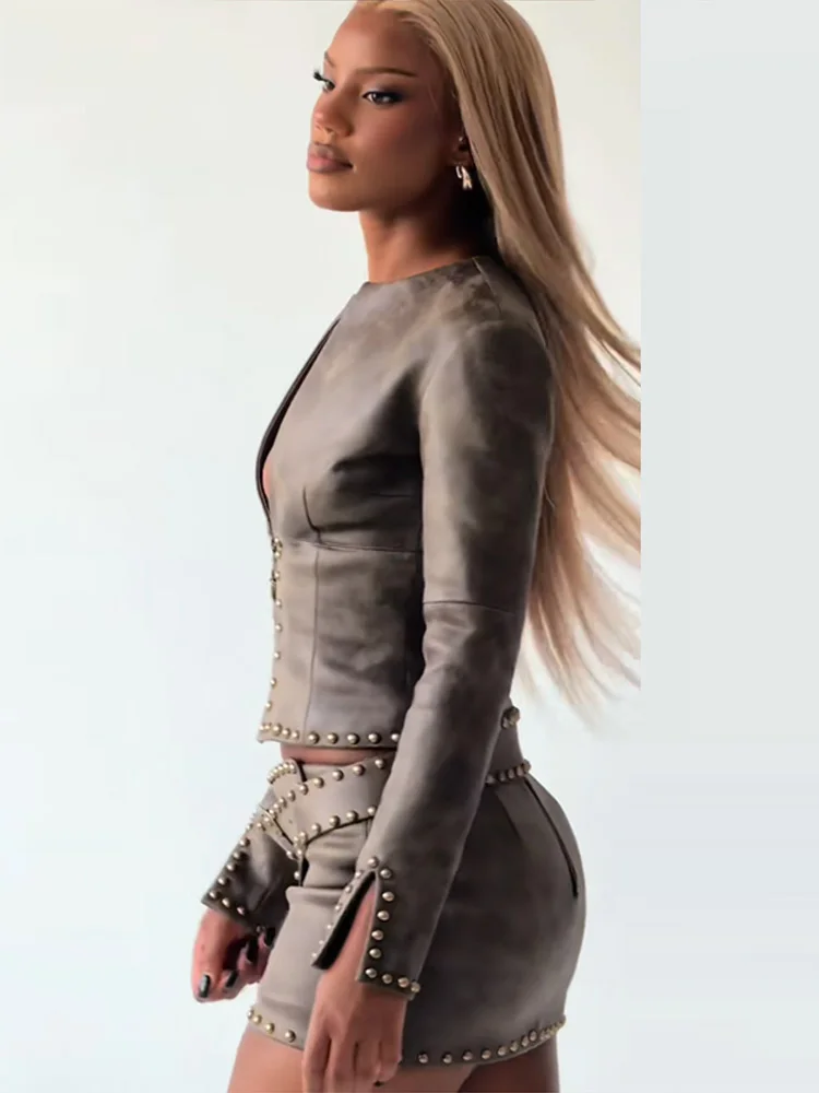 Fashion Rivet Decor Pu Leather Jacket Skirts Suit Women Zippers Female Waist-Closed Top Mini Skirt 2026 Autumn Lady 2 Pieces Set view 5