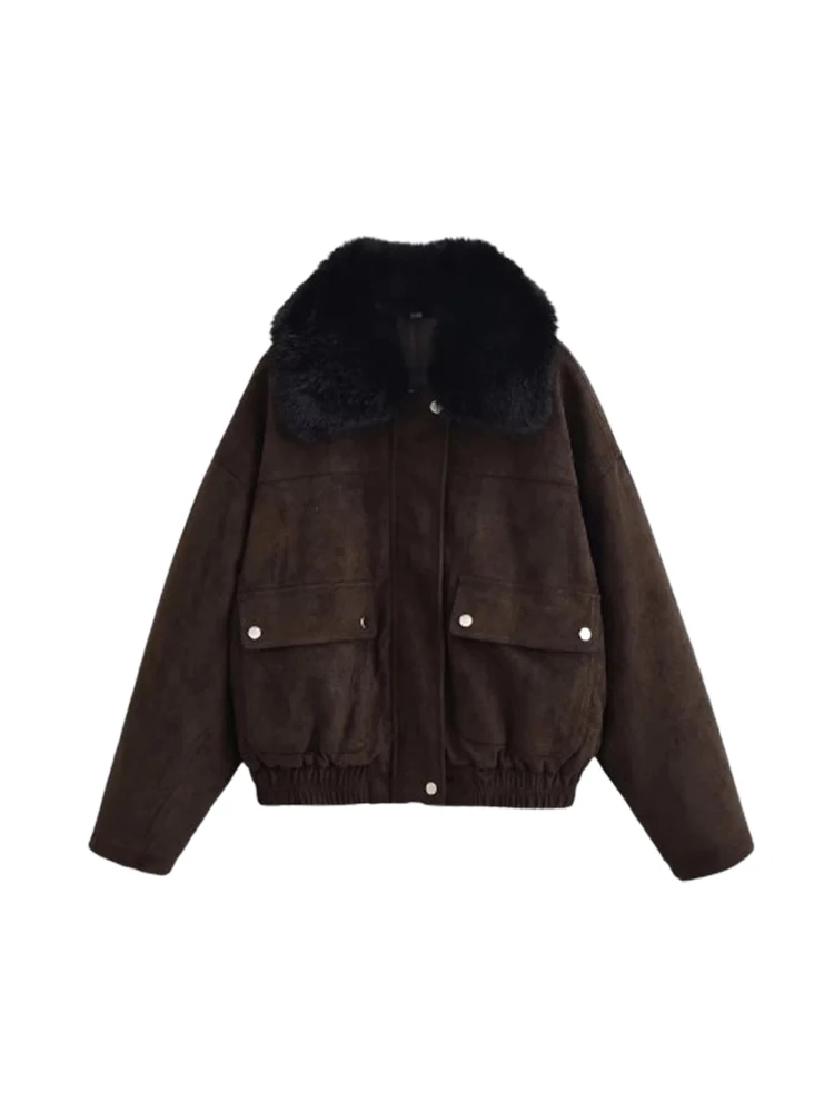 

Women Synthetic Fur Collar Jacket Autumn Winter Casual Long Sleeve Coats Women's Flip Pocket Retro Tops Female Fashion Outerwear