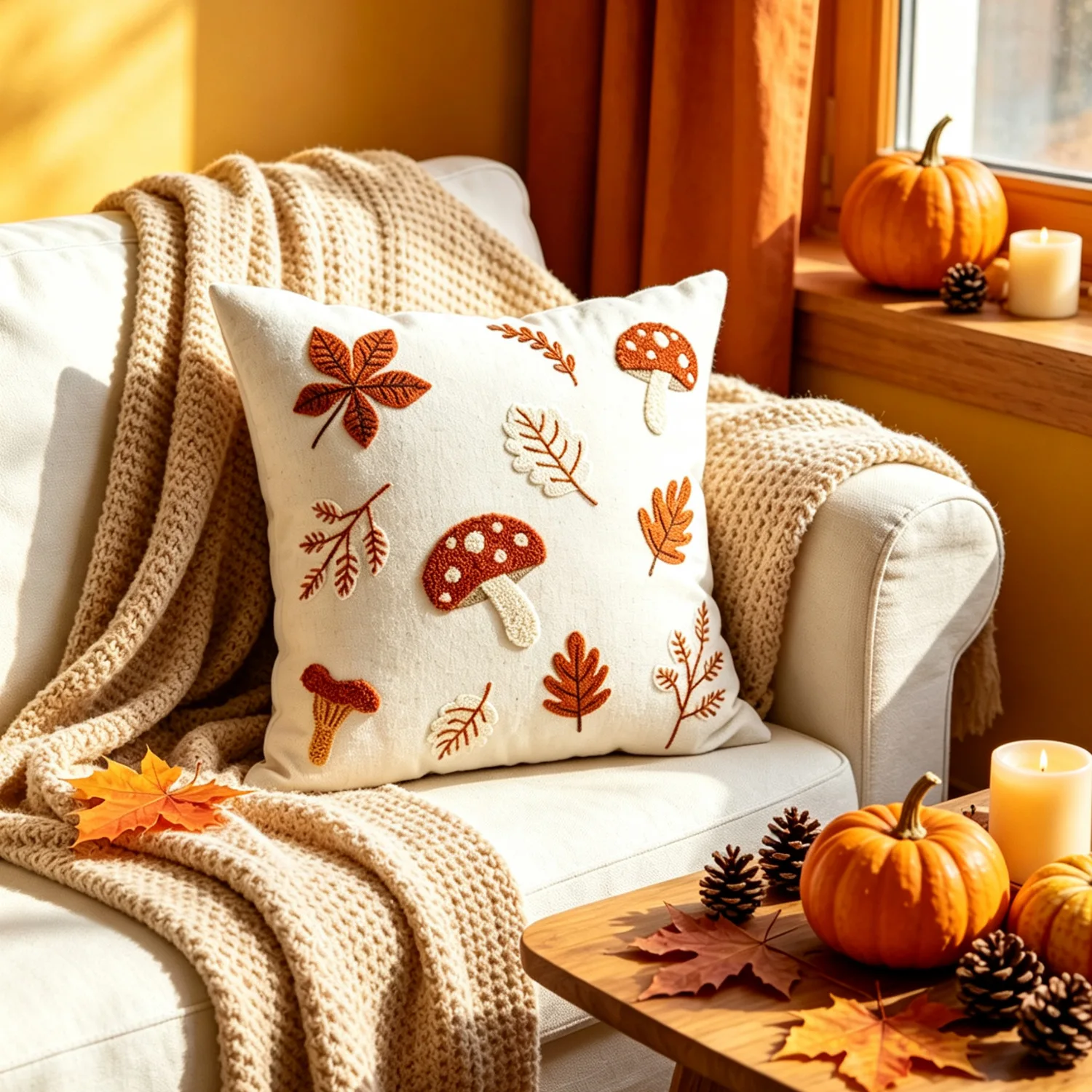 Autumn Maple Leaf and Mushroom Embroidered Pillowcase Cojines Cotton and Linen Throw Pillow Cover Rural Decor Cushion Covers