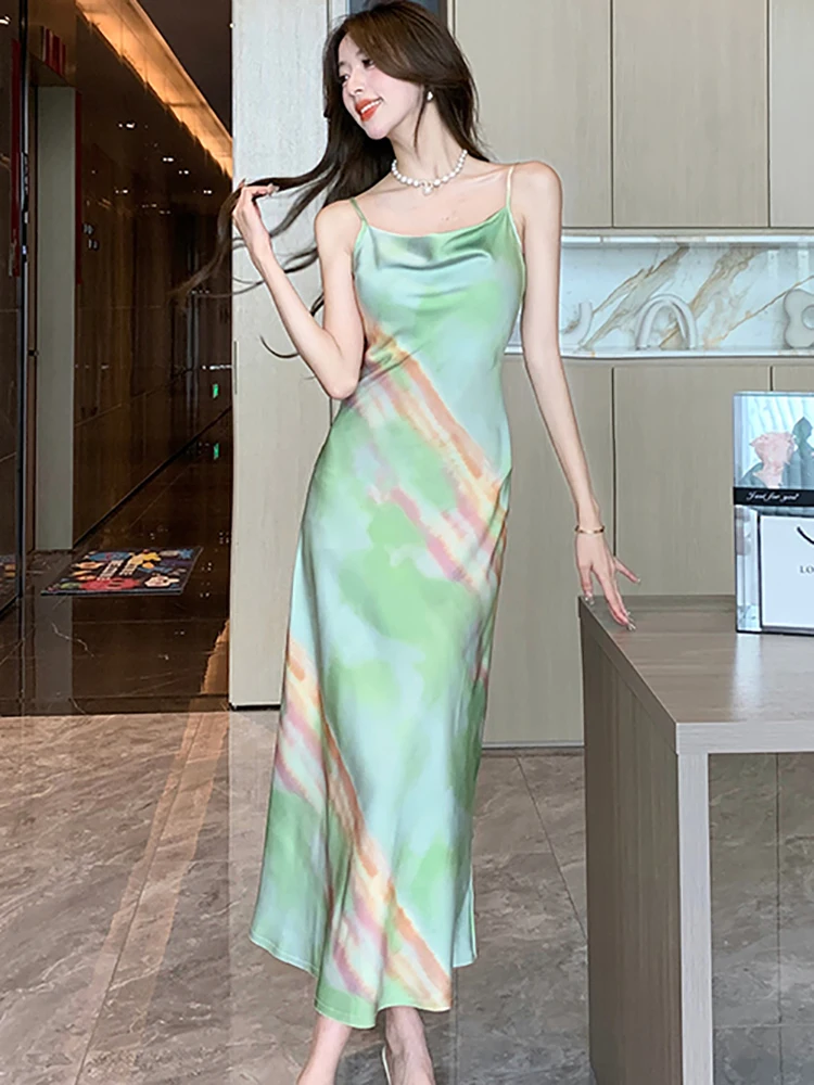 Women Korean Fashion Elegant Casual Dress Sets 2024 Summer Green Gradient Satin Sling Dresses+White Knitted Shawl Two Piece Sets