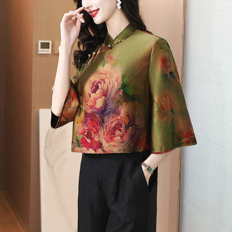 Zomer Nieuwe Sle Dames irt Zwaargewicht Xiangyun Zijde Button up Chinese Nationale Sle Print Groot formaat Woon-werkverkeer Polyester...