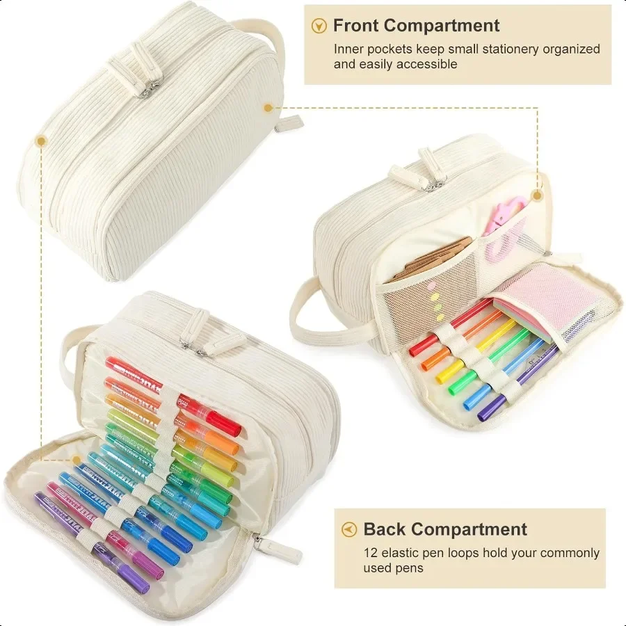 Estuche para lápices con 3 compartimentos, capacidad Extra grande, estuche para lápices escolares con asa fácil, estuche para lápices de pana suave, pl estético