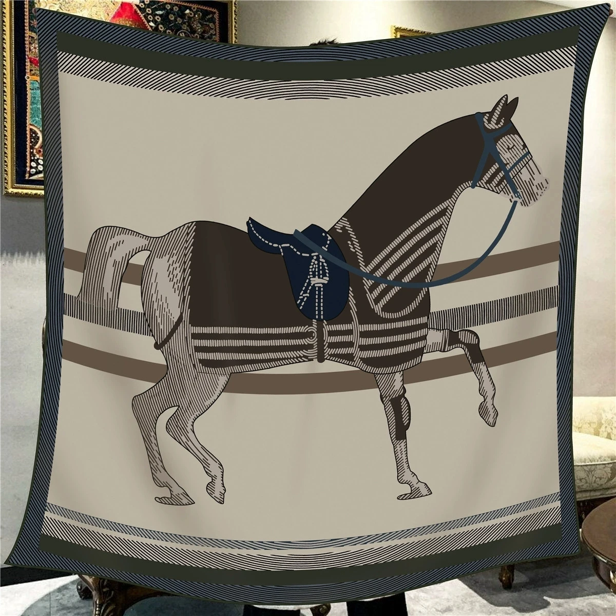 

110CM Women Large Shawls Double-sided Imitation Silk Wool Horse Printed Square Scarves Bandana Kerchief Hijab Shawls