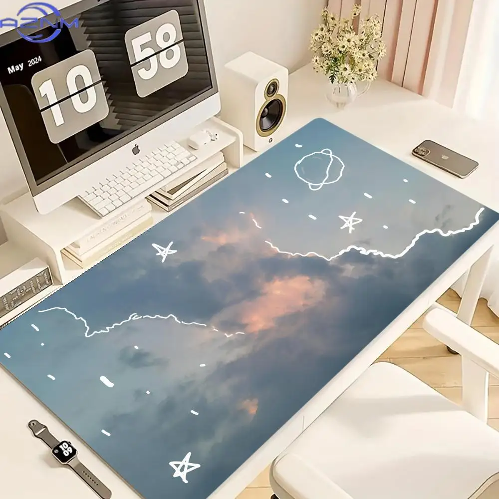 Cartoon Starry Sky Clouds Mouse Pad Large Rubber Anti-slip PC Desk Accessories Mousepad for Office and Gamer Keyboard Decor Mat